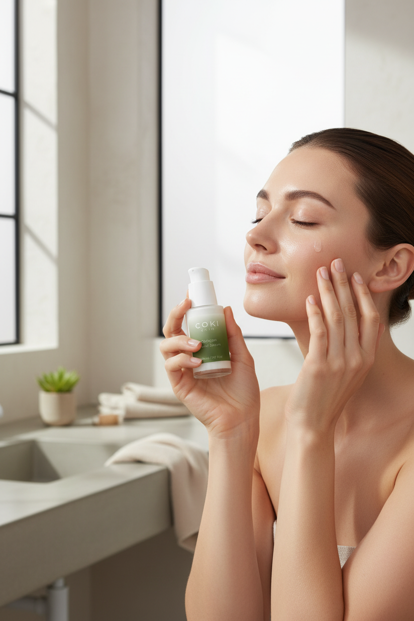 Frau trägt COKI SKIN Collagen Boost Serum auf